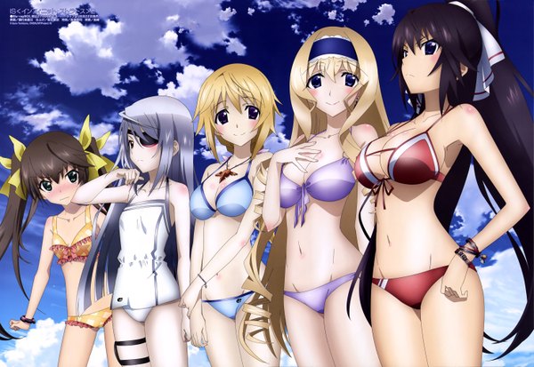 Anime picture 5925x4085 with infinite stratos megami magazine 8bit charles dunois laura bodewig cecilia orcott shinonono houki fang linyin long hair blush highres breasts blue eyes light erotic blonde hair smile brown hair twintails purple eyes multiple girls