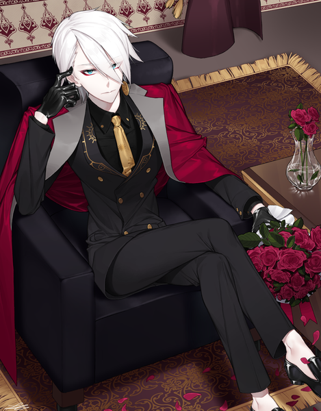 Anime picture 1800x2300 with fate (series) fate/grand order karna (fate) ia (ias1010) single tall image looking at viewer fringe highres short hair blue eyes hair between eyes sitting white hair from above crossed legs clothes on shoulders heroic spirit formal dress boy gloves