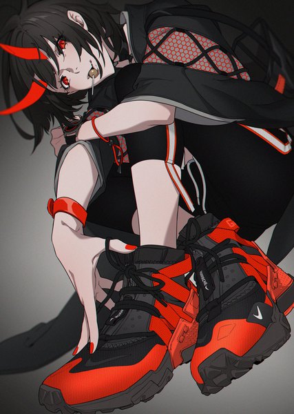 Anime picture 1200x1685 with original nike westxost (68monkey) single tall image looking at viewer fringe short hair open mouth black hair simple background hair between eyes red eyes sitting holding nail polish horn (horns) grey background wide sleeves leaning