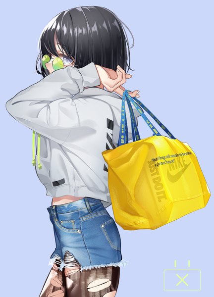 Anime picture 2091x2904 with original nike the cold single tall image fringe highres short hair black hair simple background hair between eyes standing purple eyes holding nail polish profile arm up fingernails mole open jacket