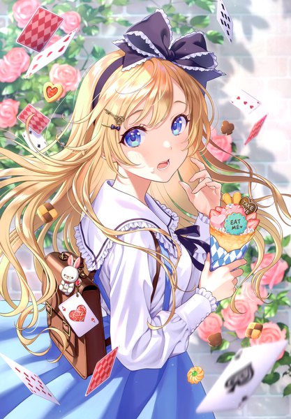 Anime picture 2406x3464 with alice in wonderland original alice (alice in wonderland) morikura en single long hair tall image looking at viewer blush fringe highres open mouth blue eyes blonde hair standing holding long sleeves from above blurry scan