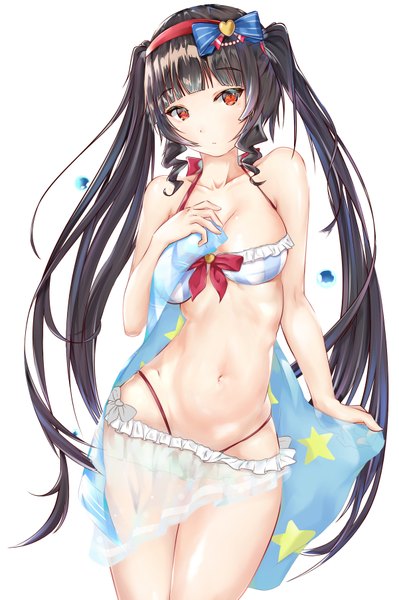 Anime picture 1202x1807 with soul worker lily bloomerchen sytoc single long hair tall image looking at viewer blush fringe light erotic black hair simple background red eyes standing white background twintails bare shoulders payot cleavage blunt bangs