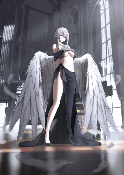 Anime picture 3508x4961 with punishing: gray raven liv (punishing: gray raven) fish toucher single tall image fringe highres short hair breasts light erotic hair between eyes large breasts standing purple eyes payot absurdres silver hair full body indoors parted lips
