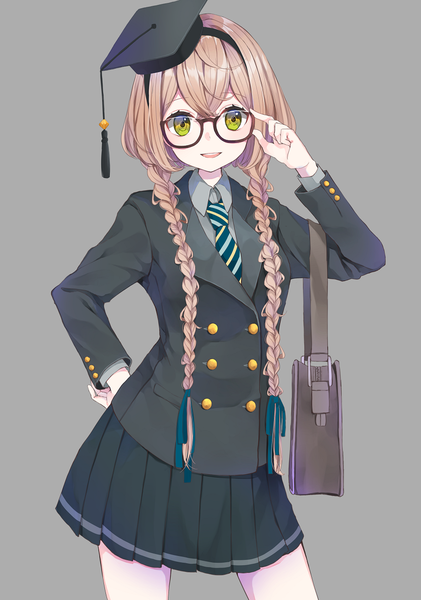 Anime picture 870x1240 with original usamochi. single long hair tall image looking at viewer fringe simple background blonde hair hair between eyes green eyes grey background hand on hip adjusting glasses girl ribbon (ribbons) hair ribbon hat glasses bag