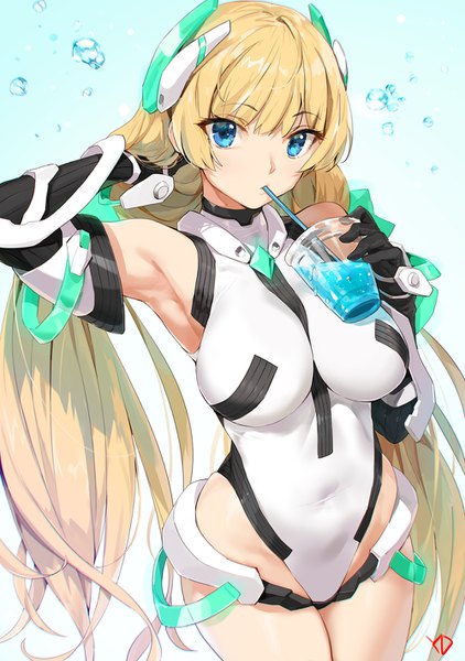 Anime picture 1000x1420 with expelled from paradise angela balzac yd (orange maru) single tall image looking at viewer fringe breasts blue eyes light erotic simple background blonde hair hair between eyes large breasts standing bare shoulders holding signed very long hair armpit (armpits)