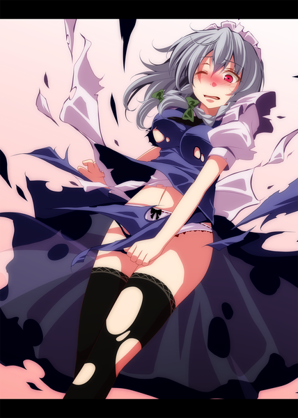 Anime picture 1071x1500 with touhou izayoi sakuya s-syogo single tall image blush short hair light erotic red eyes silver hair braid (braids) one eye closed wink maid pantyshot twin braids torn clothes girl thighhighs dress
