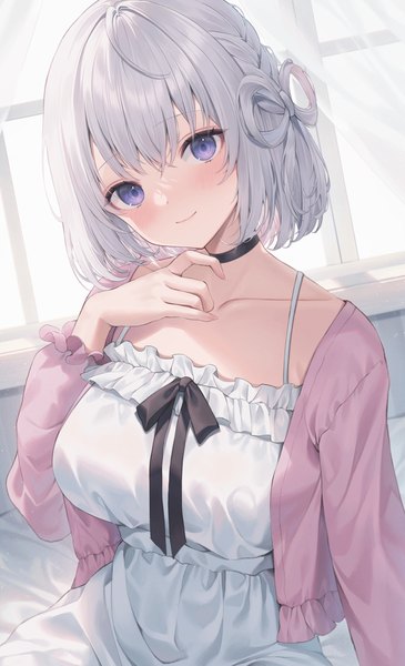 Anime picture 1179x1937 with virtual youtuber indie virtual youtuber naito mare (vtuber) me meel single tall image looking at viewer blush fringe short hair hair between eyes sitting purple eyes indoors light smile grey hair open clothes hair rings girl dress