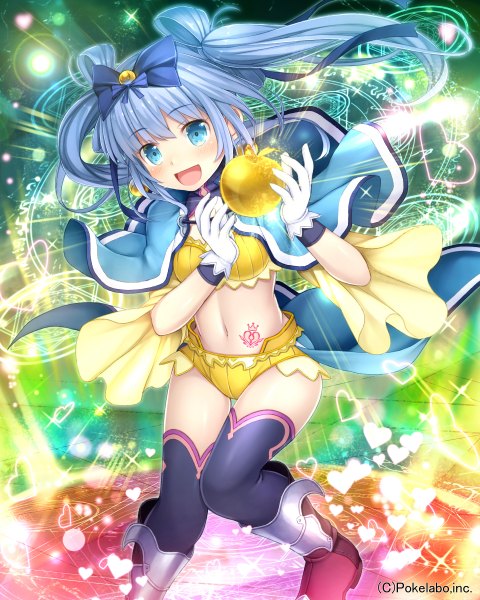 Anime picture 1920x2400 with unmei no clan battle namaru (summer dandy) single long hair tall image looking at viewer blush highres open mouth blue eyes twintails blue hair official art magic girl thighhighs gloves navel bow black thighhighs