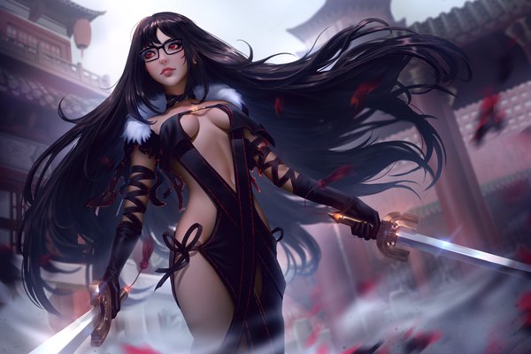 Anime picture 6000x4000 with fate (series) fate/grand order yu mei-ren (fate) raikoart tsuaii long hair fringe highres breasts light erotic black hair red eyes standing holding payot looking away absurdres sky cleavage outdoors