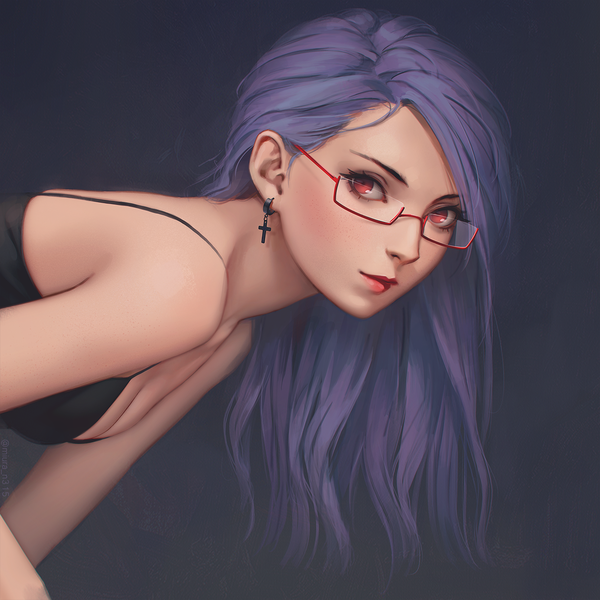 Anime picture 1280x1280 with tokyo ghoul studio pierrot kamishiro rize miura-n315 single long hair looking at viewer blush light erotic simple background red eyes bare shoulders signed purple hair upper body leaning leaning forward twitter username lipstick turning head