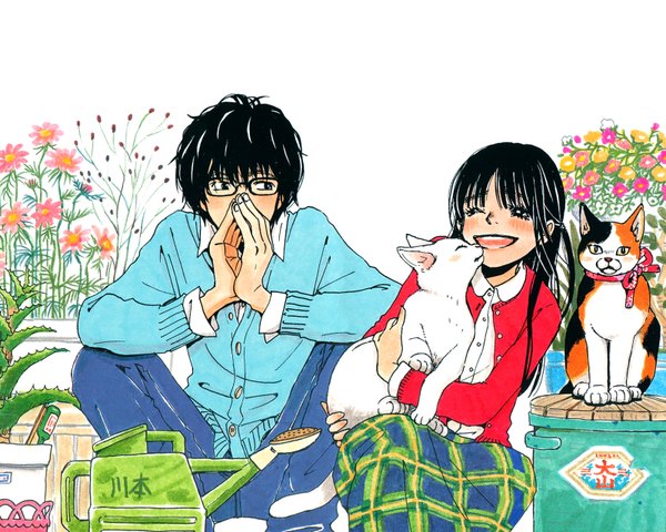 Anime picture 1600x1280 with 3 gatsu no lion (manga) tagme (character) long hair blush short hair open mouth black hair simple background white background couple squat laughing girl boy flower (flowers) glasses cat hands watering can