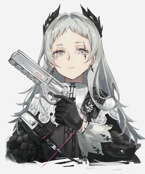 Anime picture 1956x2342 with arknights irene (arknights) nihnfinite8 single long hair tall image looking at viewer highres simple background white background silver hair upper body horn (horns) portrait scar silver eyes expressionless girl gloves weapon