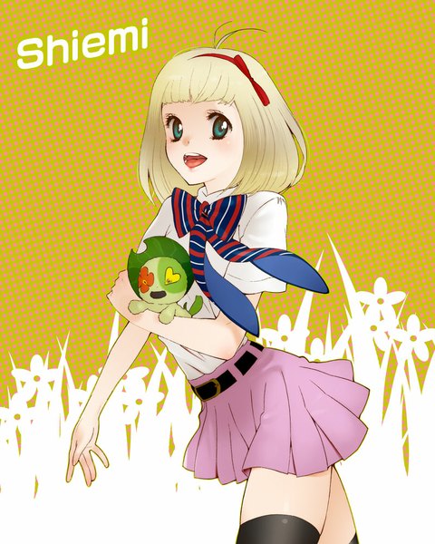 Anime picture 800x1000 with ao no exorcist a-1 pictures moriyama shiemi nii (ao no exorcist) yukimitsuki single tall image blush fringe short hair open mouth blonde hair green eyes ahoge inscription girl thighhighs uniform bow black thighhighs