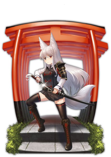 Anime picture 2480x3508 with original kzy090 single long hair tall image fringe highres simple background hair between eyes red eyes standing white background animal ears silver hair tail long sleeves animal tail fox ears fox tail fox girl