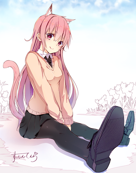 Anime picture 791x1000 with original suitenjh single long hair tall image looking at viewer blush fringe smile hair between eyes sitting signed animal ears pink hair sky cloud (clouds) full body outdoors tail head tilt