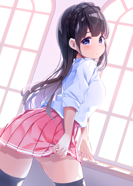 Anime picture 900x1258 with original chikuwa. single long hair tall image blush fringe light erotic black hair purple eyes holding payot indoors braid (braids) pleated skirt looking back arm support embarrassed zettai ryouiki thighs