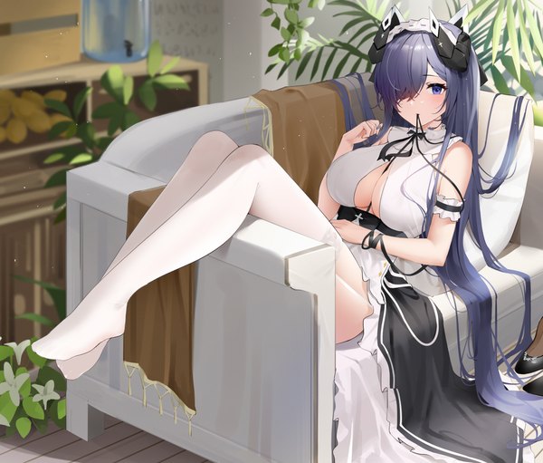 Anime picture 6559x5589 with azur lane august von parseval (azur lane) august von parseval (the conquered unhulde) (azur lane) qing wu single looking at viewer blush fringe highres breasts blue eyes light erotic large breasts holding blue hair absurdres cleavage full body indoors very long hair
