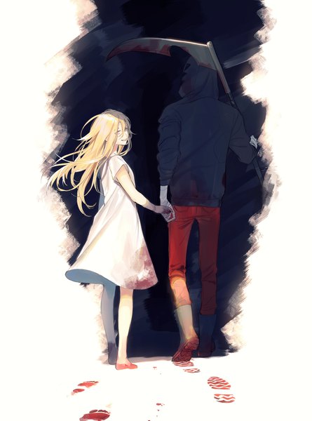 Anime picture 1314x1771 with satsuriku no tenshi ray (satsuriku no tenshi) zack (satsuriku no tenshi) vient long hair tall image looking at viewer fringe blue eyes simple background blonde hair smile hair between eyes standing holding full body looking back barefoot from behind floating hair