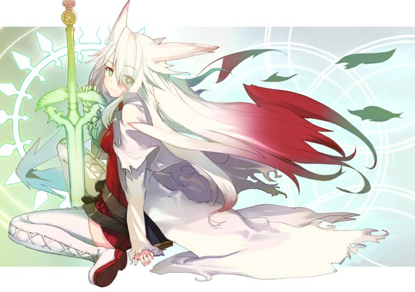 Anime picture 858x606 with summon night summon night 3 summon night 5 aty (summon night) shirabi single long hair smile sitting green eyes animal ears bent knee (knees) white hair red hair multicolored hair wind two-tone hair fox ears lacing glowing weapon
