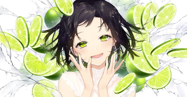 Anime picture 4822x2507 with original sogawa single looking at viewer blush fringe highres short hair open mouth black hair simple background smile wide image white background green eyes absurdres upper body nail polish head tilt :d