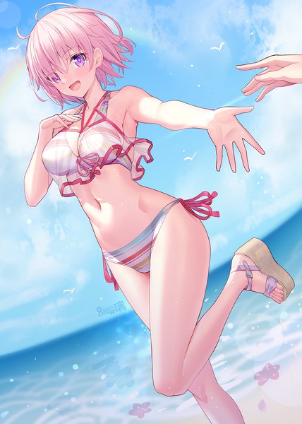 Anime picture 856x1200 with fate (series) fate/grand order mash kyrielight mash kyrielight (swimsuit of perpetual summer ver.02) ririko (zhuoyandesailaer) tall image looking at viewer blush fringe short hair breasts open mouth light erotic smile standing purple eyes signed pink hair sky cloud (clouds)