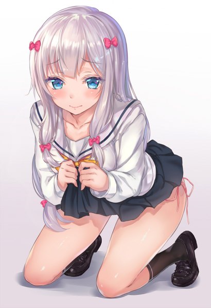 Anime picture 1100x1607 with eromanga sensei a-1 pictures izumi sagiri aimee (origin) single long hair tall image looking at viewer blush fringe blue eyes light erotic simple background holding payot silver hair full body bent knee (knees) pleated skirt fingernails