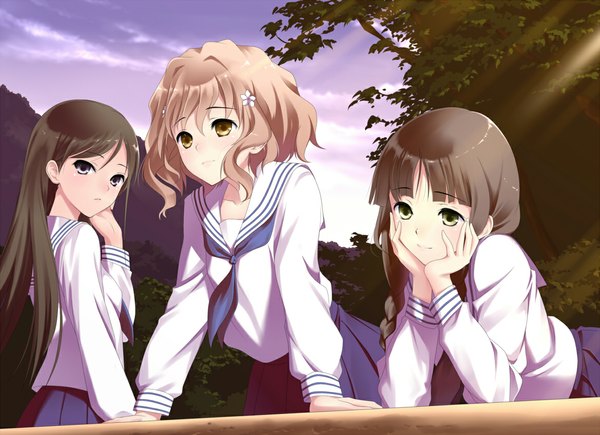 Anime picture 1169x848 with hanasaku iroha p.a. works matsumae ohana oshimizu nako tsurugi minko kagetsuki (artist) long hair short hair black hair brown hair multiple girls brown eyes green eyes black eyes arm support group girl serafuku 3 girls