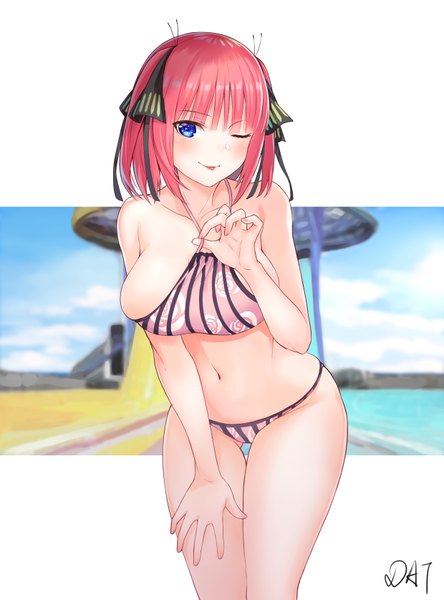 Anime picture 2480x3352 with go-toubun no hanayome nakano nino da-cart single tall image looking at viewer blush fringe highres short hair breasts blue eyes light erotic simple background large breasts standing white background signed pink hair sky