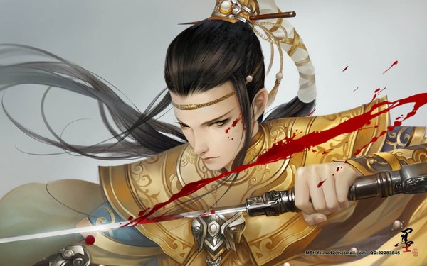 Anime picture 1440x900 with feimo single long hair simple background brown hair wide image signed yellow eyes ponytail realistic grey background boy hair ornament weapon sword armor blood