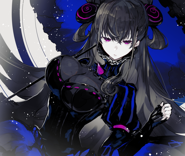 Anime picture 2034x1722 with fate (series) fate/grand order murasaki shikibu (fate) kusakanmuri single long hair looking at viewer fringe highres breasts light erotic black hair hair between eyes large breasts standing purple eyes holding payot two side up puffy sleeves