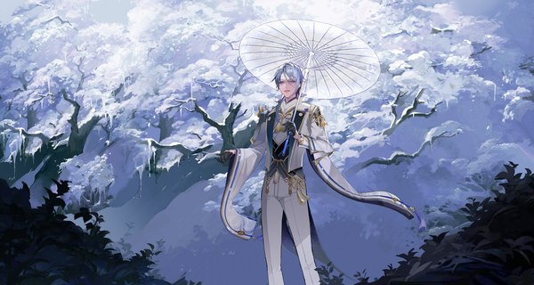 Anime picture 2061x1100 with genshin impact kamisato ayato minty0 single long hair looking at viewer highres wide image standing silver hair mole snow mole under mouth boy gloves plant (plants) tree (trees) black gloves umbrella tassel