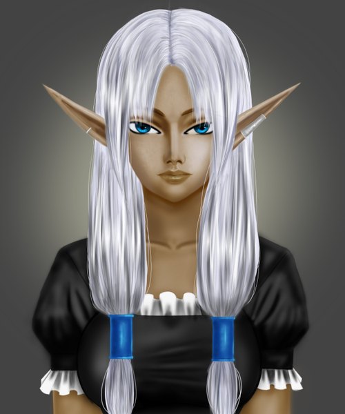 Anime-Bild 2500x3000 mit original air monger long hair tall image looking at viewer highres breasts blue eyes simple background large breasts silver hair pointy ears grey background piercing elf girl hair ornament earrings frills