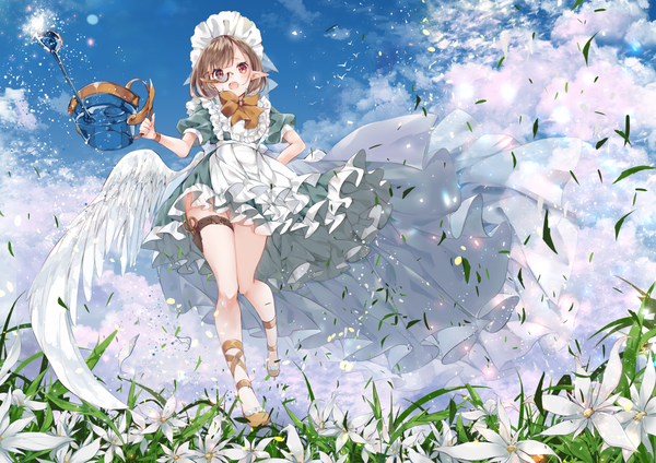 Anime picture 1025x725 with original umino mizu single looking at viewer blush fringe short hair open mouth red eyes brown hair holding sky cloud (clouds) full body outdoors wind pointy ears from below hand on hip elf