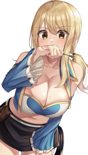 Anime picture 1164x2048 with fairy tail lucy heartfilia amagi korona single long hair tall image looking at viewer blush fringe breasts light erotic simple background blonde hair large breasts standing white background bare shoulders yellow eyes cleavage midriff