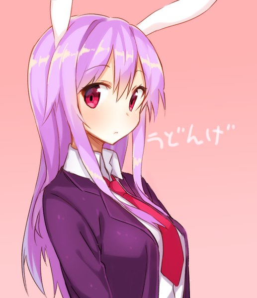 Anime picture 1000x1161 with touhou reisen udongein inaba shnva single long hair tall image blush simple background red eyes animal ears looking away purple hair inscription bunny ears pink background girl necktie