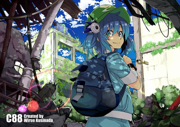 Anime picture 1920x1360 with touhou kawashiro nitori irue (artist) single looking at viewer highres blue eyes smile blue hair sky cloud (clouds) looking back two side up ruins girl plant (plants) backpack flat cap key