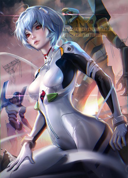 Anime picture 600x832 with neon genesis evangelion gainax ayanami rei eva 01 sakimichan tall image blush fringe short hair breasts hair between eyes red eyes blue hair looking away sky cloud (clouds) bent knee (knees) outdoors parted lips lips
