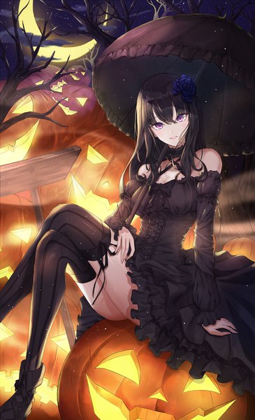 Anime picture 2433x4000 with original siete (artist) single long hair tall image blush fringe highres black hair hair between eyes sitting purple eyes cloud (clouds) head tilt hair flower night arm support night sky crossed legs glowing