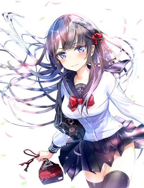 Anime picture 755x982 with original keepout single long hair tall image looking at viewer blush black hair simple background white background purple eyes wind girl thighhighs uniform ribbon (ribbons) black thighhighs hair ribbon serafuku school bag
