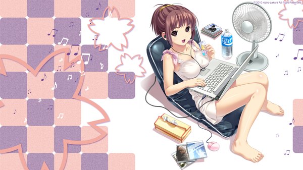 Anime picture 1920x1080 with pocari sweat koutaro single highres open mouth brown hair wide image brown eyes full body barefoot wallpaper checkered music girl headphones laptop electric fan