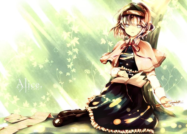 Anime picture 1118x800 with touhou alice margatroid blonde hair silver eyes girl dress plant (plants) tree (trees) hairband book (books) key