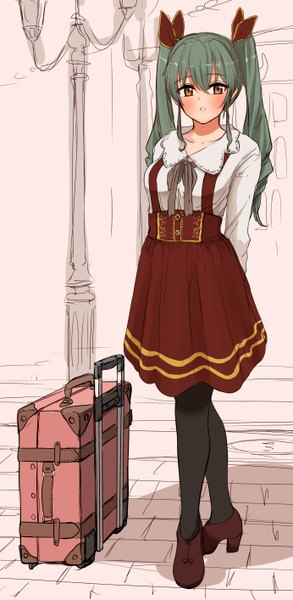 Anime picture 1381x2826 with girls und panzer anchovy (girls und panzer) suto (iamsuto) single long hair tall image blush fringe breasts twintails brown eyes green hair high heels hands behind back girl dress ribbon (ribbons) hair ribbon pantyhose lamppost
