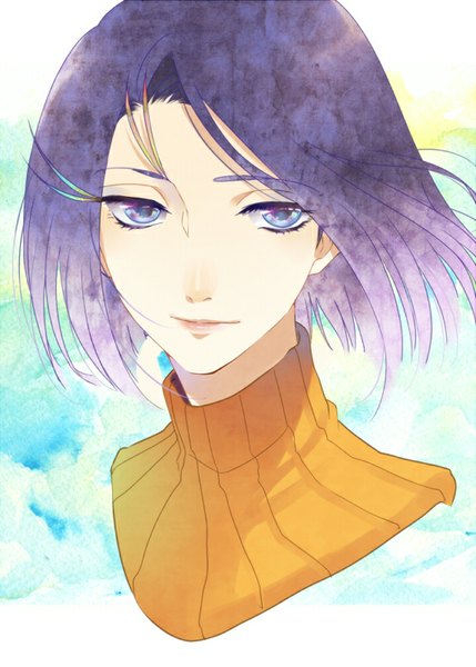 Anime picture 573x800 with bleach studio pierrot ayasegawa yumichika yukin (es) single tall image short hair simple background purple eyes purple hair light smile lips portrait eyebrows face boy feather (feathers)