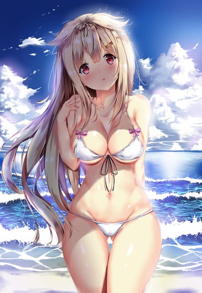 Anime picture 1101x1594 with kantai collection yuudachi destroyer duan zou de zhong zhang single long hair tall image looking at viewer blush fringe breasts open mouth light erotic blonde hair hair between eyes red eyes standing bare shoulders sky cleavage cloud (clouds)