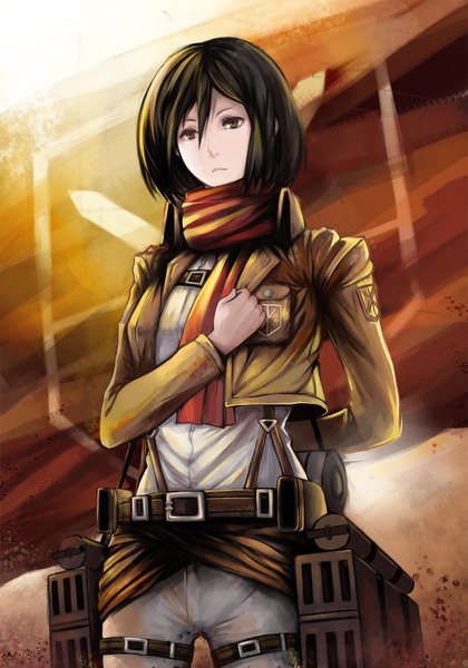 Anime picture 1200x1714 with shingeki no kyojin production i.g mikasa ackerman feef single tall image short hair black hair brown eyes open clothes open jacket girl belt scarf thigh strap red scarf flag