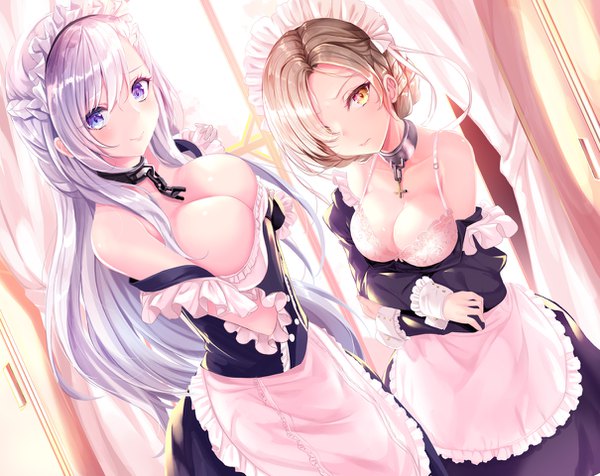 Anime picture 1210x960 with azur lane belfast (azur lane) sheffield (azur lane) haruka natsuki long hair looking at viewer blush fringe breasts blue eyes light erotic hair between eyes brown hair large breasts standing multiple girls yellow eyes payot cleavage silver hair