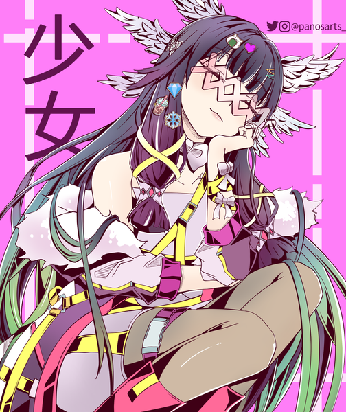 Anime picture 1260x1500 with genshin impact columbina (genshin impact) panos (ssgpanos) single long hair tall image fringe black hair sitting signed blunt bangs eyes closed alternate costume character names twitter username gradient hair head wings head rest purple background tress ribbon