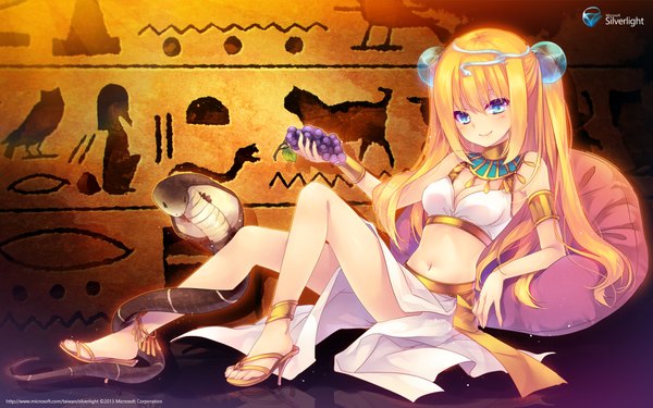 Anime picture 1920x1200 with os-tan microsoft aizawa hikaru shinia long hair highres blue eyes blonde hair smile wide image traditional clothes legs egyptian clothes girl navel hair ornament food pillow hair tie berry (berries)