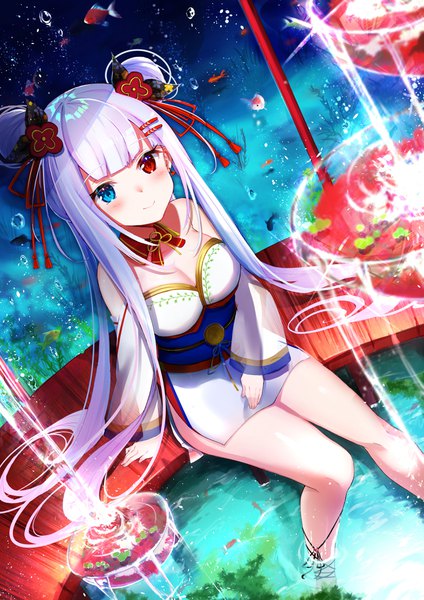 Anime picture 2894x4093 with original felnemo3 single tall image looking at viewer blush fringe highres breasts blue eyes red eyes sitting bare shoulders payot cleavage silver hair blunt bangs very long hair traditional clothes japanese clothes