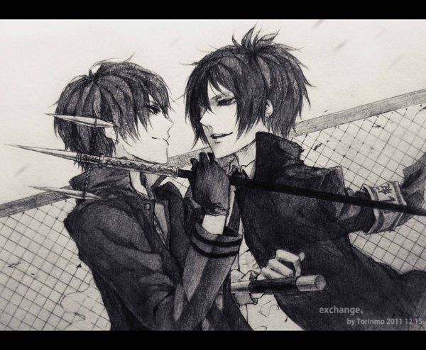 Anime picture 1800x1482 with katekyou hitman reborn hibari kyouya rokudo mukuro torinmo highres short hair black hair smile signed profile multiple boys monochrome letterboxed drawing boy gloves weapon 2 boys armband trident